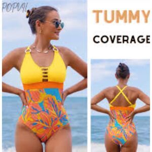 Popvil Plant Cut Out Cross Straps One-Piece Swimsuit